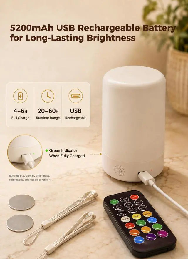 Alt view image 2 of 7 - Upgraded 5200mAh E26 Rechargeable Light Bulbs with Remote Timer | 2060H runtime, dimmable 3000K6000K white light, 9 RGB colors, magnetic wireless design for lamps and sconces