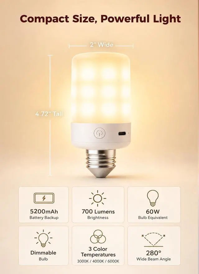 Alt view image 6 of 7 - Upgraded 5200mAh E26 Rechargeable Light Bulbs with Remote Timer | 2060H runtime, dimmable 3000K6000K white light, 9 RGB colors, magnetic wireless design for lamps and sconces