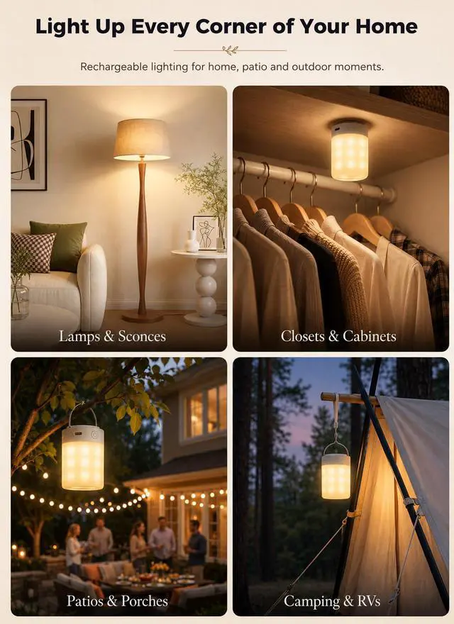 Alt view image 3 of 7 - Upgraded 5200mAh E26 Rechargeable Light Bulbs with Remote Timer | 2060H runtime, dimmable 3000K6000K white light, 9 RGB colors, magnetic wireless design for lamps and sconces