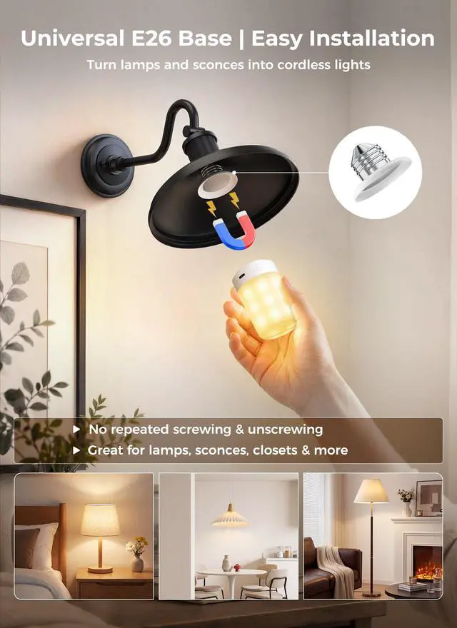 Alt view image 7 of 7 - Upgraded 5200mAh E26 Rechargeable Light Bulbs with Remote Timer | 2060H runtime, dimmable 3000K6000K white light, 9 RGB colors, magnetic wireless design for lamps and sconces
