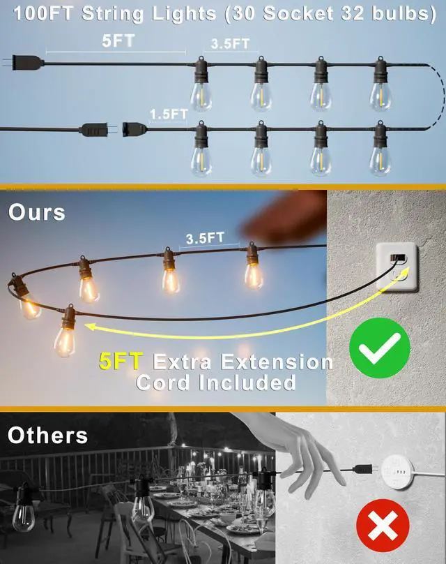 Alt view image 5 of 7 - 100FT LED Outdoor String Lights with 30 Edison Shatterproof IP65 Waterproof Bulbs, 2700K Dimmable Commercial Grade Patio Lights, Heavy Duty Outside Hanging Light for Garden Porch Deck Decor