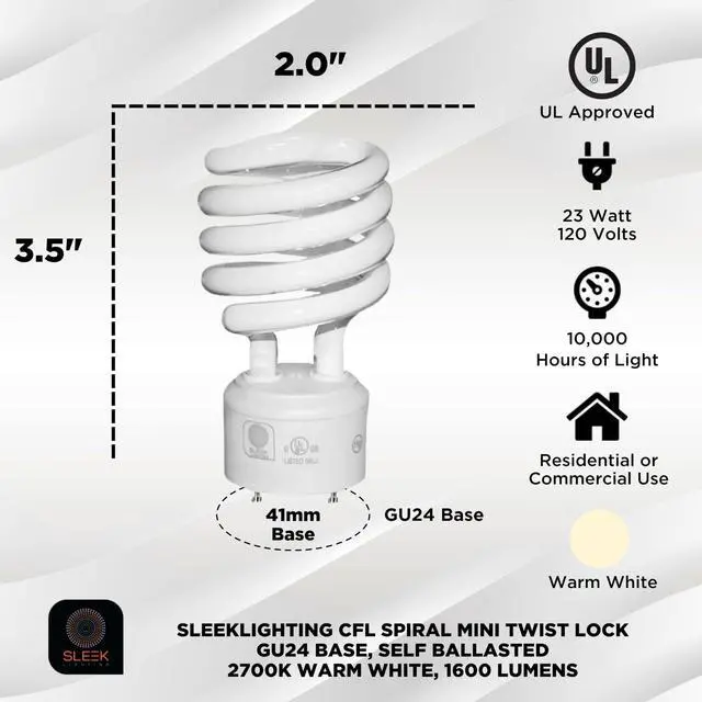 Alt view image 2 of 7 - GU24 23W T2 Spiral CFL Light Bulb 2700K Warm White 2-Prong