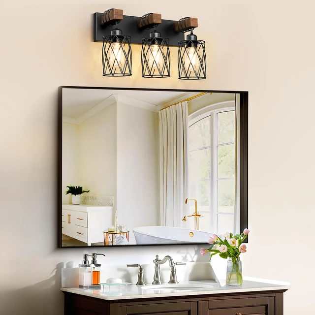 Alt view image 2 of 7 - Farmhouse Bathroom Vanity Light, 3-Light Wood Bathroom Light Fixtures Over Mirror, Black Industrial Vanity Lights with Metal Shade, Rustic Restroom Lighting Fixtures