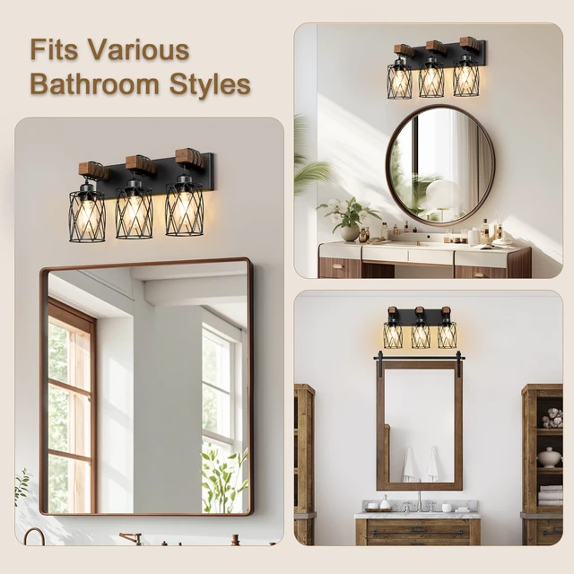 Alt view image 5 of 7 - Farmhouse Bathroom Vanity Light, 3-Light Wood Bathroom Light Fixtures Over Mirror, Black Industrial Vanity Lights with Metal Shade, Rustic Restroom Lighting Fixtures