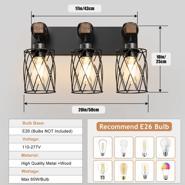 Alt view image 6 of 7 - Farmhouse Bathroom Vanity Light, 3-Light Wood Bathroom Light Fixtures Over Mirror, Black Industrial Vanity Lights with Metal Shade, Rustic Restroom Lighting Fixtures