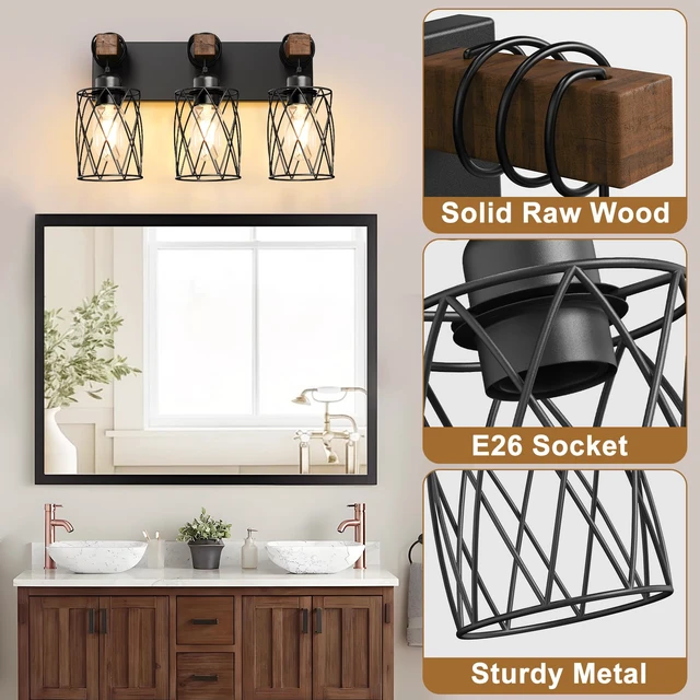 Alt view image 3 of 7 - Farmhouse Bathroom Vanity Light, 3-Light Wood Bathroom Light Fixtures Over Mirror, Black Industrial Vanity Lights with Metal Shade, Rustic Restroom Lighting Fixtures