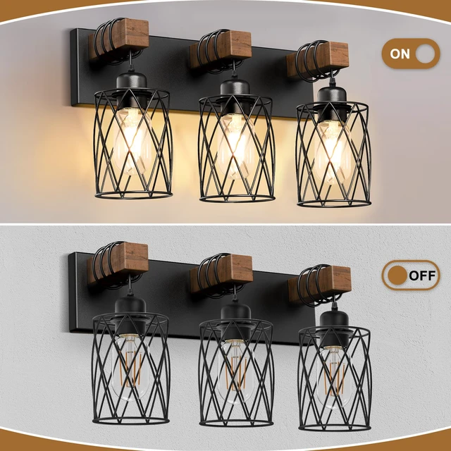 Alt view image 4 of 7 - Farmhouse Bathroom Vanity Light, 3-Light Wood Bathroom Light Fixtures Over Mirror, Black Industrial Vanity Lights with Metal Shade, Rustic Restroom Lighting Fixtures
