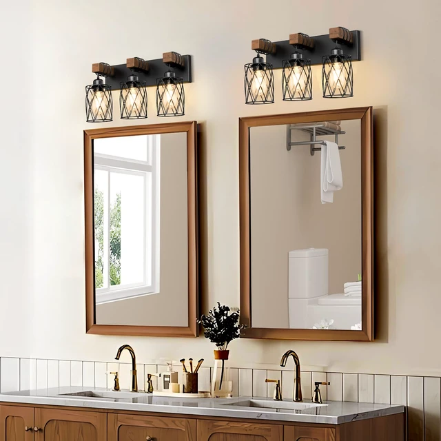 Alt view image 7 of 7 - Farmhouse Bathroom Vanity Light, 3-Light Wood Bathroom Light Fixtures Over Mirror, Black Industrial Vanity Lights with Metal Shade, Rustic Restroom Lighting Fixtures