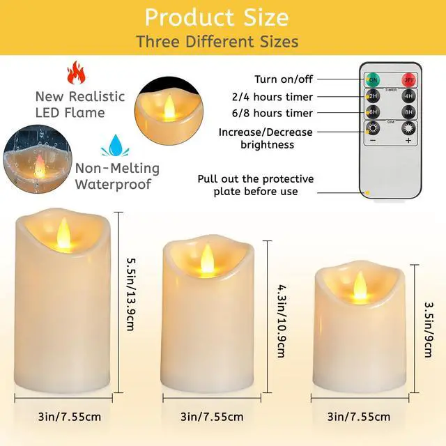 Alt view image 3 of 7 - Flameless Candles 4" 5" 6" Set of 6 Outdoor Indoor Pillars Battery Operated Flickering Candles Include 8-Key Remote Timer Function, Ivory Fake Plastic Candles for Wedding, Aniversary,Christmas Decor