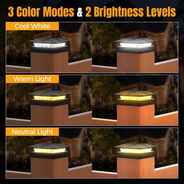 Alt view image 2 of 7 - 4x4 Solar Fence Post Cap Lights Outdoor Waterproof, 8 Pack | IP65, 3 Modes Auto On/Off,Deck, Garden, Patio, Deck, Backyard, Porch, Sidewalk