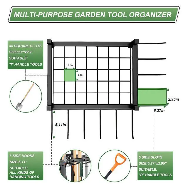 Alt view image 3 of 7 - Garden Tool Organizer, Garden Yard Tool Rack for Garage, Garage Organization and Storage, Metal Yard Tools Storage up to 46 Tools/Rake/Broom/shovel/, Suitable for Garage, Yard, Patio, Shed