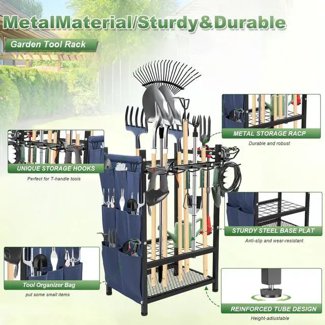 Alt view image 4 of 7 - Garden Tool Organizer, Garden Yard Tool Rack for Garage, Garage Organization and Storage, Metal Yard Tools Storage up to 46 Tools/Rake/Broom/shovel/, Suitable for Garage, Yard, Patio, Shed