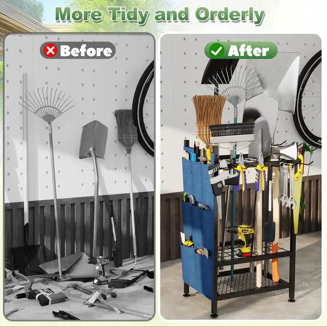 Alt view image 6 of 7 - Garden Tool Organizer, Garden Yard Tool Rack for Garage, Garage Organization and Storage, Metal Yard Tools Storage up to 46 Tools/Rake/Broom/shovel/, Suitable for Garage, Yard, Patio, Shed