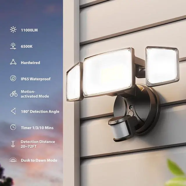 Alt view image 3 of 7 - 100W LED Motion Sensor Outdoor Lights, Dusk to Dawn Flood Light Outdoor Motion Sensor, Hardwired Security Lights Floodlights Outside 11000LM 6500K Daylight IP65 Waterproof (Black)