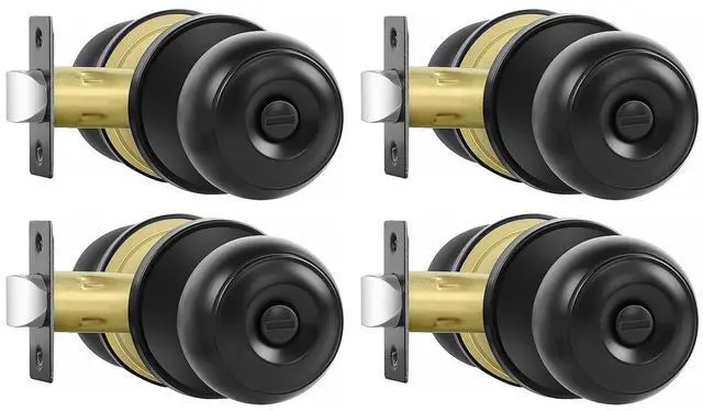 Main image of Privacy Door Knobs, 4 Pack Matte Black Door Knobs with Lock, Bed and Bath Door Knob Interior Keyless Locksets, Round Door Handles Reversible for Left Right Handed Doors