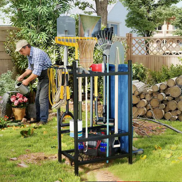 Alt view image 7 of 7 - Garden Tool Organizer, Garden Yard Tool Rack for Garage, Garage Organization and Storage, Metal Yard Tools Storage up to 46 Tools/Rake/Broom/shovel/, Suitable for Garage, Yard, Patio, Shed
