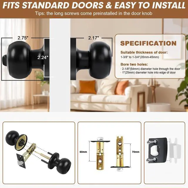 Alt view image 4 of 7 - Privacy Door Knobs, 4 Pack Matte Black Door Knobs with Lock, Bed and Bath Door Knob Interior Keyless Locksets, Round Door Handles Reversible for Left Right Handed Doors
