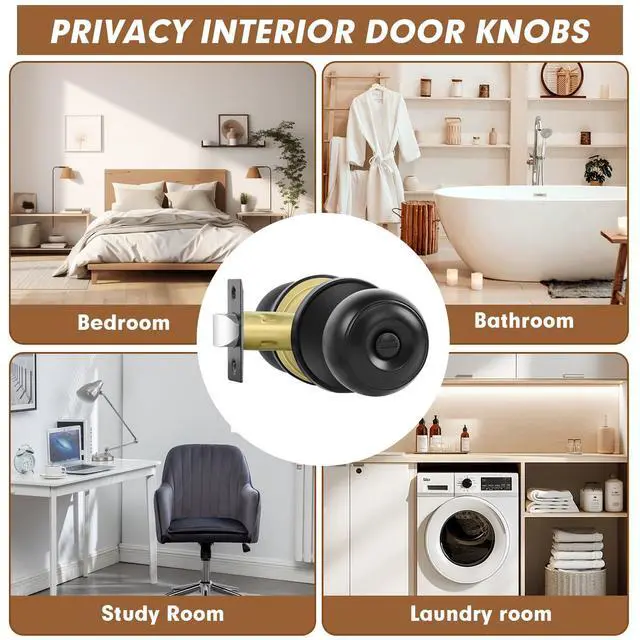 Alt view image 3 of 7 - Privacy Door Knobs, 4 Pack Matte Black Door Knobs with Lock, Bed and Bath Door Knob Interior Keyless Locksets, Round Door Handles Reversible for Left Right Handed Doors
