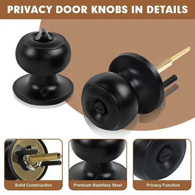 Alt view image 7 of 7 - Privacy Door Knobs, 4 Pack Matte Black Door Knobs with Lock, Bed and Bath Door Knob Interior Keyless Locksets, Round Door Handles Reversible for Left Right Handed Doors