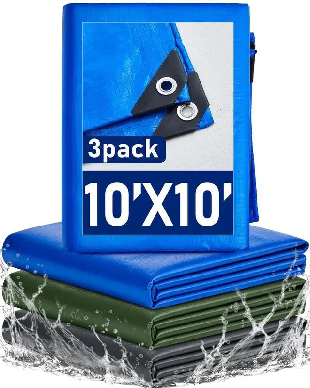 Main image of 3 Pack 10 x 10 ft Heavy Duty Tarps,Blue,Army Green,Silver | Waterproof, Tarps with Grommets, 5.5 Mil Thick UV, Tear Resistant, Reinforced Rip for Outdoor Ground Tent Roof Yard Pool
