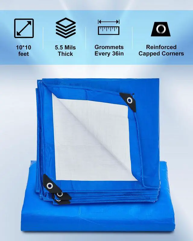 Alt view image 2 of 6 - 3 Pack 10 x 10 ft Heavy Duty Tarps,Blue,Army Green,Silver | Waterproof, Tarps with Grommets, 5.5 Mil Thick UV, Tear Resistant, Reinforced Rip for Outdoor Ground Tent Roof Yard Pool