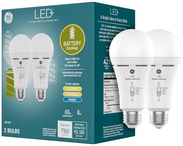 Main image of LED+ Battery Backup Emerncy Light Bulbs A21, 3 Colors, 2 Pack | Stays on during power outas, built-in recharable battery, 3 color temperatures, A21 LED, flashlight mode, emerncy ready