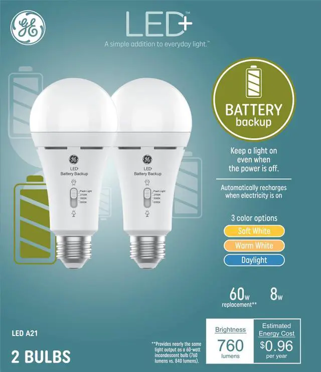 Alt view image 2 of 7 - LED+ Battery Backup Emerncy Light Bulbs A21, 3 Colors, 2 Pack | Stays on during power outas, built-in recharable battery, 3 color temperatures, A21 LED, flashlight mode, emerncy ready