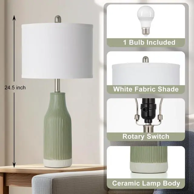 Alt view image 2 of 7 - 24.5" Ceramic Table Lamp for Bedroom, Sage Green Table Lamp for Living Room End Table, Small Farmhouse Bedside Lamp for Nightstand (1 Pack)