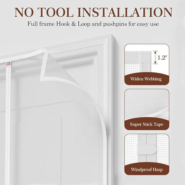 Alt view image 6 of 7 - Magnetic Screen Door, for 36"x80" Doors, White | Screen Size 38"x81", High Density Screen Mesh, Windproof Hasp Design, For Front/Back Single Doors