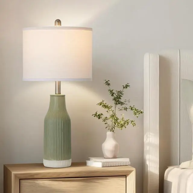 Alt view image 5 of 7 - 24.5" Ceramic Table Lamp for Bedroom, Sage Green Table Lamp for Living Room End Table, Small Farmhouse Bedside Lamp for Nightstand (1 Pack)