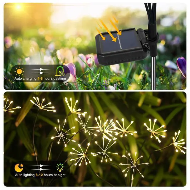 Alt view image 6 of 6 - Solar Garden Lights 120 LED Decorative Firework Lights 2-Pack Warm | Fairy Garden Decor, 2 Modes Waterproof Outdoor Solar Lights for Yard Pathway Flowerbed Planter Balcony, Gifts for Mom Women