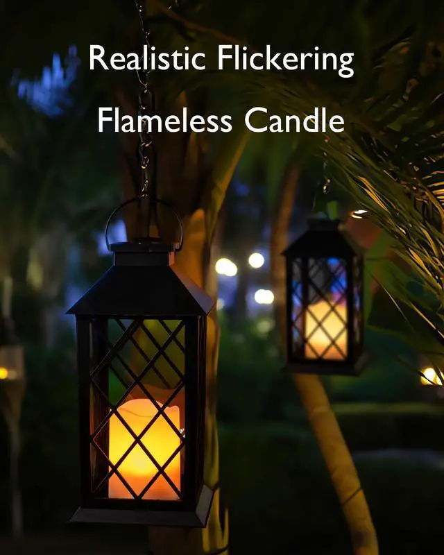 Alt view image 2 of 7 - 2 Pack 13'' Black Solar Lanterns, Flickering Flame Hanging Lights | Realistic Flickering Flame Creates Cozy Ambiance for Patios, Porches, Gardens, Yards and Outdoor Evening Gatherings
