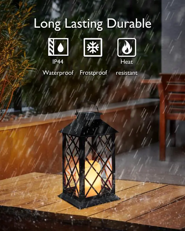 Alt view image 3 of 7 - 2 Pack 13'' Black Solar Lanterns, Flickering Flame Hanging Lights | Realistic Flickering Flame Creates Cozy Ambiance for Patios, Porches, Gardens, Yards and Outdoor Evening Gatherings