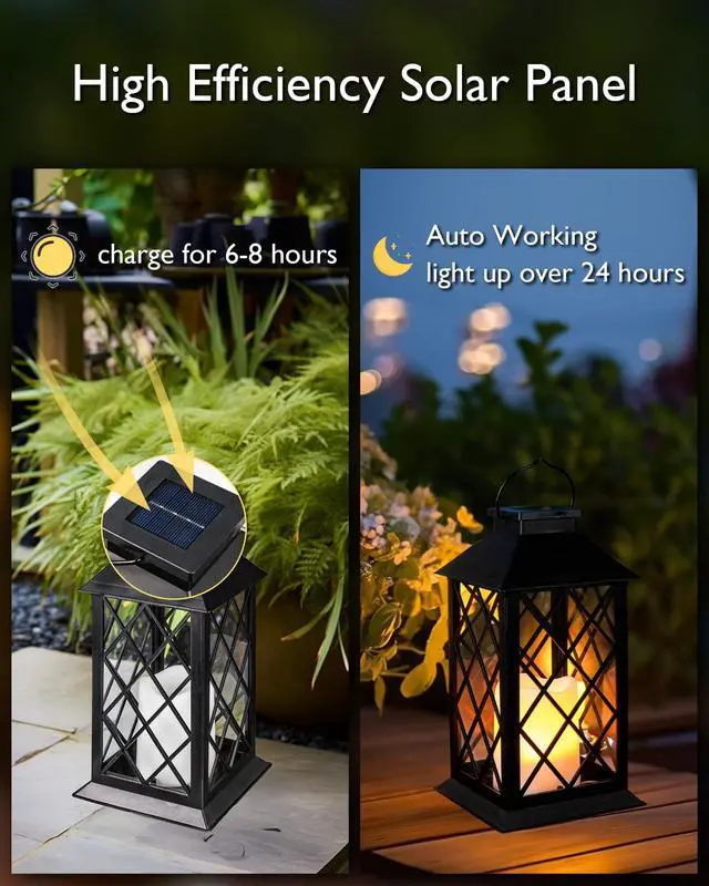 Alt view image 4 of 7 - 2 Pack 13'' Black Solar Lanterns, Flickering Flame Hanging Lights | Realistic Flickering Flame Creates Cozy Ambiance for Patios, Porches, Gardens, Yards and Outdoor Evening Gatherings