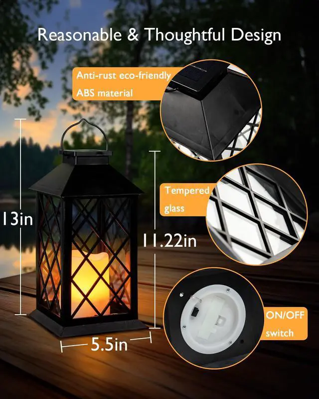 Alt view image 5 of 7 - 2 Pack 13'' Black Solar Lanterns, Flickering Flame Hanging Lights | Realistic Flickering Flame Creates Cozy Ambiance for Patios, Porches, Gardens, Yards and Outdoor Evening Gatherings