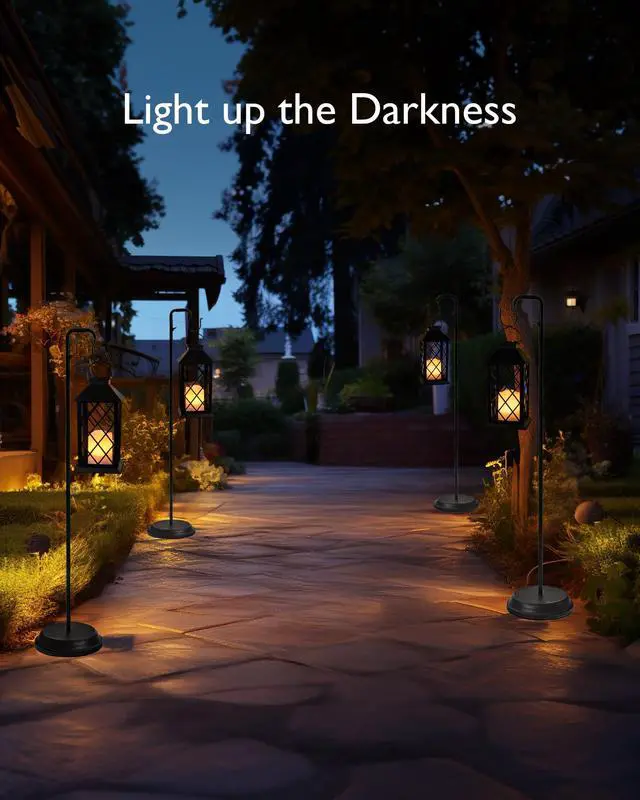 Alt view image 6 of 7 - 2 Pack 13'' Black Solar Lanterns, Flickering Flame Hanging Lights | Realistic Flickering Flame Creates Cozy Ambiance for Patios, Porches, Gardens, Yards and Outdoor Evening Gatherings