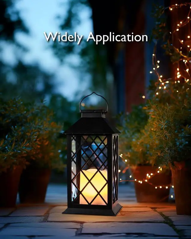 Alt view image 7 of 7 - 2 Pack 13'' Black Solar Lanterns, Flickering Flame Hanging Lights | Realistic Flickering Flame Creates Cozy Ambiance for Patios, Porches, Gardens, Yards and Outdoor Evening Gatherings