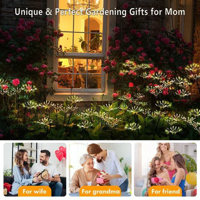 Alt view image 4 of 6 - Solar Garden Lights 120 LED Decorative Firework Lights 2-Pack Warm | Fairy Garden Decor, 2 Modes Waterproof Outdoor Solar Lights for Yard Pathway Flowerbed Planter Balcony, Gifts for Mom Women