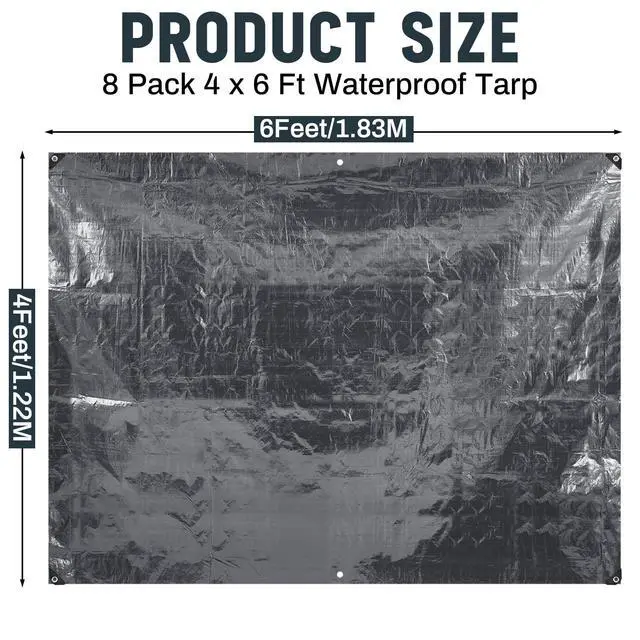 Alt view image 2 of 7 - 8 Pack 4 x 6 ft 5.5 Mil Tarps Heavy Duty Waterproof Tarp Multi Purpose Tent Cover for Home Boats Cars Camping Patio Furniture Roof Emergency Rain Protective Cover, Grey