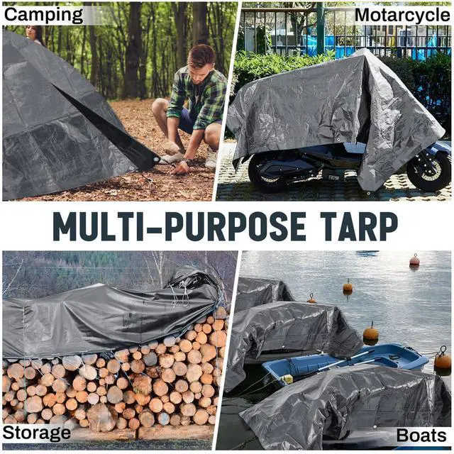 Alt view image 6 of 7 - 8 Pack 4 x 6 ft 5.5 Mil Tarps Heavy Duty Waterproof Tarp Multi Purpose Tent Cover for Home Boats Cars Camping Patio Furniture Roof Emergency Rain Protective Cover, Grey