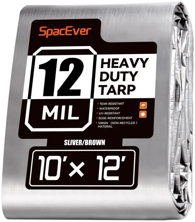 Main image of Tarp Heavy Duty 10x12 FT, 12 Mil Thick Large Tarps Water-Proof with Grommets, UV& Tear Resistant, Plastic Cover for Pool Roof Tent Outdoor Firewood, Silver& Brown