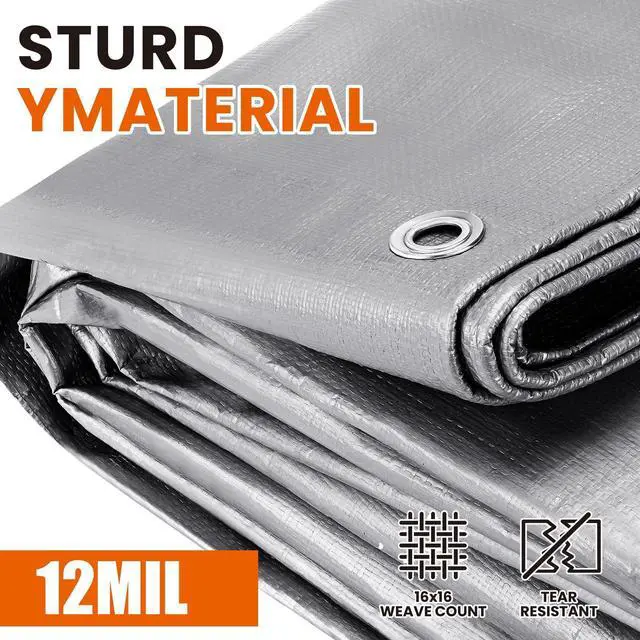 Alt view image 2 of 7 - Tarp Heavy Duty 10x12 FT, 12 Mil Thick Large Tarps Water-Proof with Grommets, UV& Tear Resistant, Plastic Cover for Pool Roof Tent Outdoor Firewood, Silver& Brown