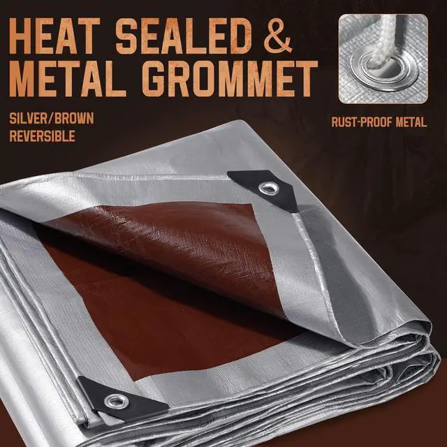 Alt view image 5 of 7 - Tarp Heavy Duty 10x12 FT, 12 Mil Thick Large Tarps Water-Proof with Grommets, UV& Tear Resistant, Plastic Cover for Pool Roof Tent Outdoor Firewood, Silver& Brown