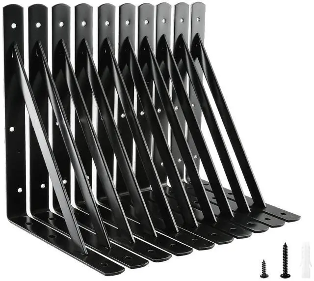 Main image of Heavy Duty Shelf Brackets, 12 x 8 Inch Black Metal L Brackets, 10 Pack | 600LBS Per Pair, Stable Triangle Steel Design, Rust-Resistant Coating, Screws And Anchors Included For Space-Saving Storage