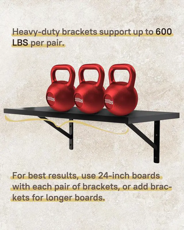 Alt view image 4 of 7 - Heavy Duty Shelf Brackets, 12 x 8 Inch Black Metal L Brackets, 10 Pack | 600LBS Per Pair, Stable Triangle Steel Design, Rust-Resistant Coating, Screws And Anchors Included For Space-Saving Storage