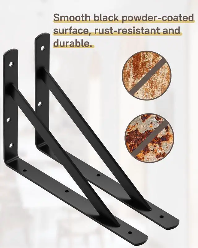 Alt view image 5 of 7 - Heavy Duty Shelf Brackets, 12 x 8 Inch Black Metal L Brackets, 10 Pack | 600LBS Per Pair, Stable Triangle Steel Design, Rust-Resistant Coating, Screws And Anchors Included For Space-Saving Storage