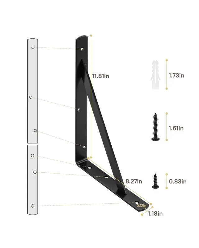 Alt view image 7 of 7 - Heavy Duty Shelf Brackets, 12 x 8 Inch Black Metal L Brackets, 10 Pack | 600LBS Per Pair, Stable Triangle Steel Design, Rust-Resistant Coating, Screws And Anchors Included For Space-Saving Storage
