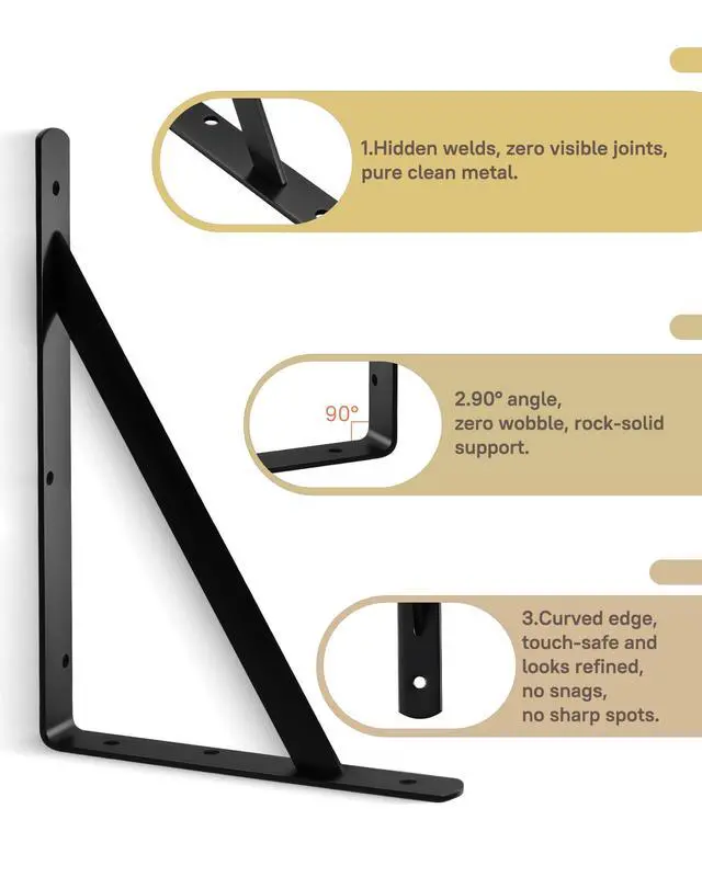 Alt view image 3 of 7 - Heavy Duty Shelf Brackets, 12 x 8 Inch Black Metal L Brackets, 10 Pack | 600LBS Per Pair, Stable Triangle Steel Design, Rust-Resistant Coating, Screws And Anchors Included For Space-Saving Storage
