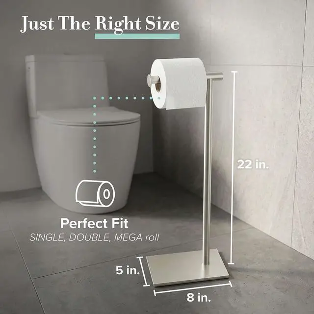 Alt view image 2 of 7 - 1431SN Bathroom Toilet Paper Holder Stand, Freestanding Tissue Roll Holder, Weighted Base, Satin Nickel, 22.25 Inch, Modern Rectangle Base