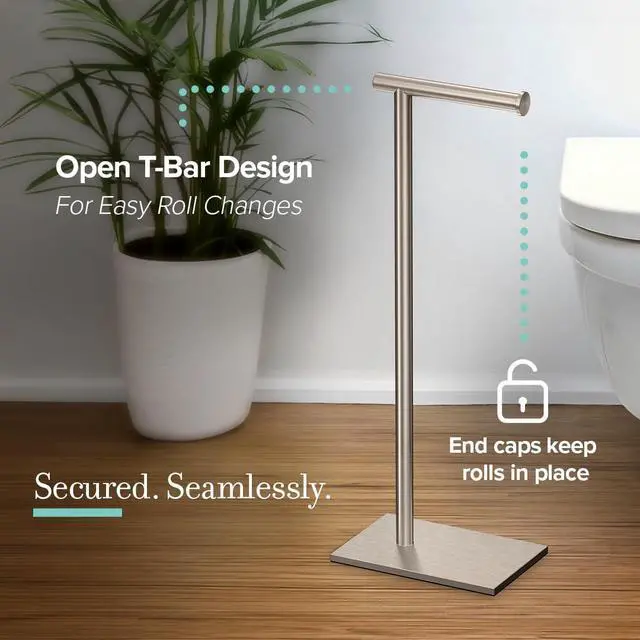 Alt view image 3 of 7 - 1431SN Bathroom Toilet Paper Holder Stand, Freestanding Tissue Roll Holder, Weighted Base, Satin Nickel, 22.25 Inch, Modern Rectangle Base